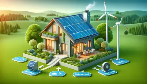 Sustainable house with solar panels, wind turbine, and geothermal system.