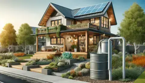 Sustainable house with rainwater harvesting, low-flow fixtures, and greywater recycling.