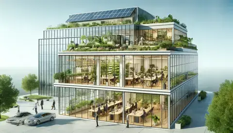 Modern sustainable office with rooftop garden.