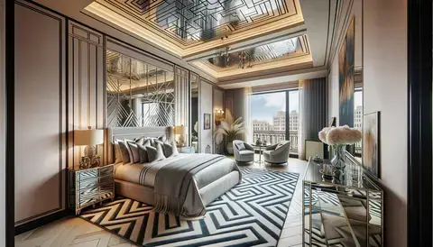 A bedroom in the Zenith Penthouse, San Francisco, combining modern architecture with 1920s flair.