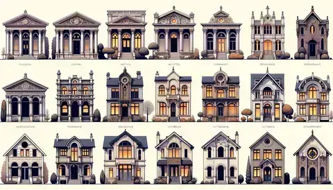 Visual timeline showing the evolution of house front designs from classical Greek to contemporary styles