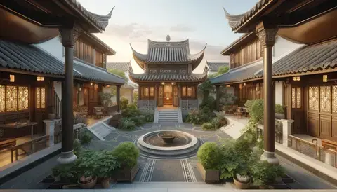 Traditional Chinese siheyuan with lush greenery and intricate carvings.