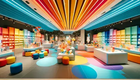 Retail store interior with vibrant colors, colorful displays, and modern decor to attract and engage customers.