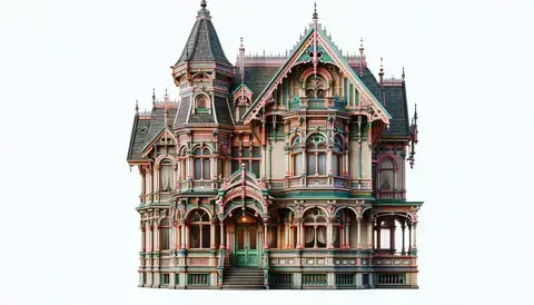 Victorian house with ornate details, asymmetrical design, and vibrant colors.