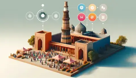 Visitors at Qutub Minar, showcasing entry, ticket booths, and guided tours.