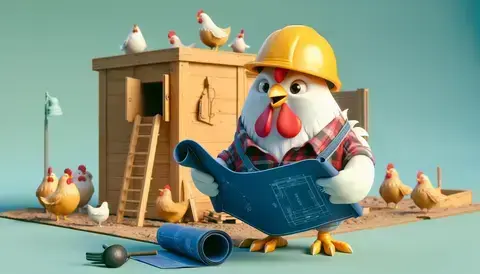 Whimsical 3D render: chicken in helmet overseeing nest box construction.