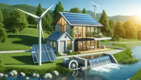 Modern home with wind turbine, hydroelectric generator, and solar panels.