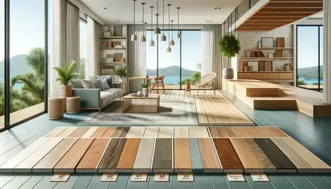 Various wood flooring types and composite decking displayed in a modern home setting.
