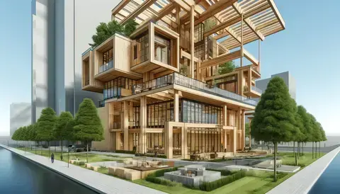 Contemporary building with wooden beams, cladding, and structural components, highlighting sustainability.