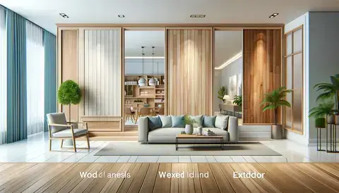  Interior wood paneling, exterior wood cladding, and a wood accent wall in a modern home setting.