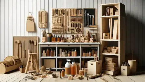 Modern workshop with wood veneer, finishes, crafting tools, woodworking projects, and a storage rack.