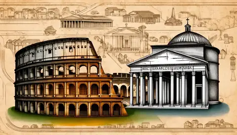Examples of ancient roman architecture such as colosseum pantheon.
