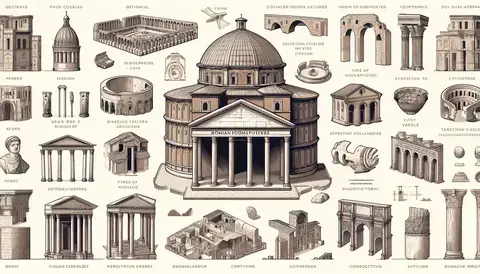Illustration of key characteristics of Ancient Roman architecture, including concrete use, arches, vaults, domes, and urban planning.