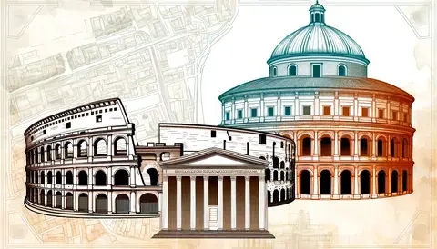 Overview of Ancient Roman architecture featuring the Colosseum and the Pantheon.