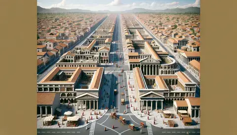 A bustling ancient Roman city with a grid-based layout featuring roads, buildings, and people.