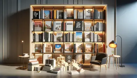 Modern bookshelf with architectural books, a reading nook, and miniature architectural model bookends.