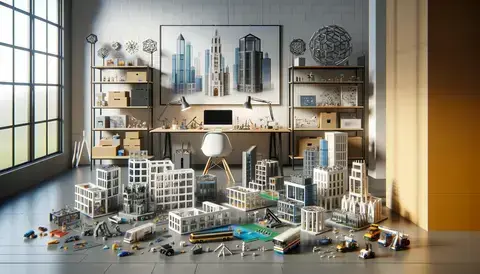 Modern workspace displaying various architectural kits and toys, including LEGO sets and model building kits.