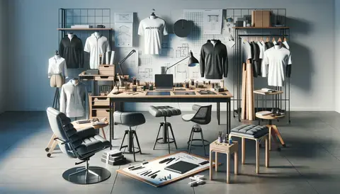 Modern architectural workspace with ergonomic chairs, desks, stools, furniture, apparel, tools, and stationery.