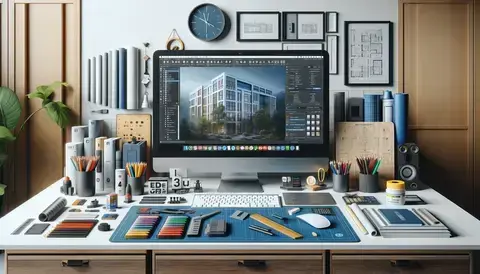 Modern workspace displaying architectural software, and stationery tools.