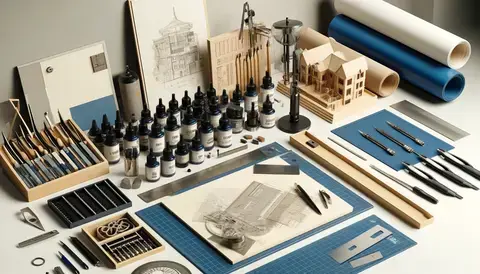 Modern workspace with architect ink, sketching pads, specialized plywood, stationery tools, tiles, and paper.