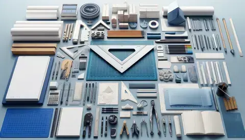 Key components of an architecture kit on a modern desk, including drafting, cutting, measuring, and sketching tools.
