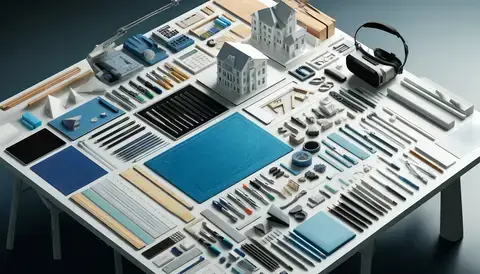 Organized architecture kit with drafting tools, modern gadgets, and modeling materials on a sleek desk.