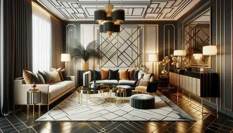 Art deco living room with geometric patterns, velvet, brass, black and gold colors, and a statement chandelier.