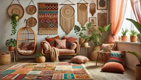 Bohemian living room with rattan chair, macrame wall hangings, layered rugs, and vibrant decor.