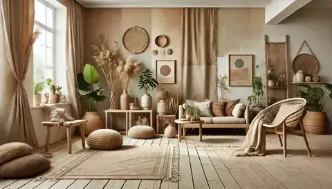 Boho minimalist house with earthy tones, textured fabrics, and a mix of vintage and modern furniture.