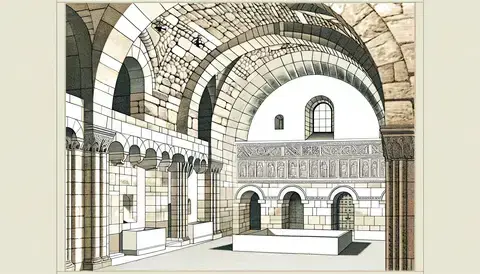 The interior of a building with Romanesque style elements.