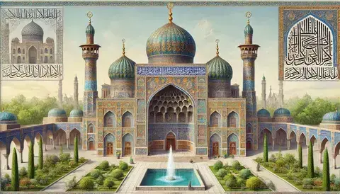 Illustration of a mosque with dome, minarets, and geometric patterns.