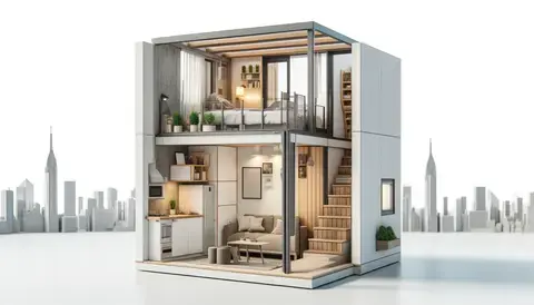 Compact urban small house with loft bedroom and integrated storage.