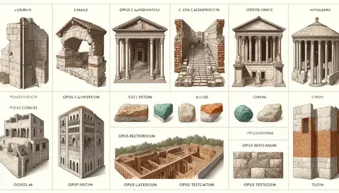 Illustration of construction techniques and materials in Ancient Roman architecture, including concrete, stone, and brick.