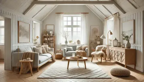 Scandinavian living room with light gray sofa, wooden furniture, sheepskin rug, and large windows.