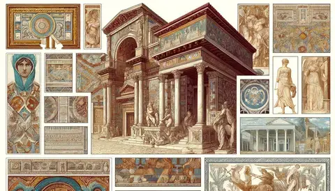 Illustration of decorative elements in Ancient Roman architecture, including mosaics and frescoes.