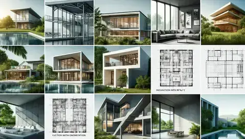 Collage of sleek buildings, minimalist interiors, and integration with nature.