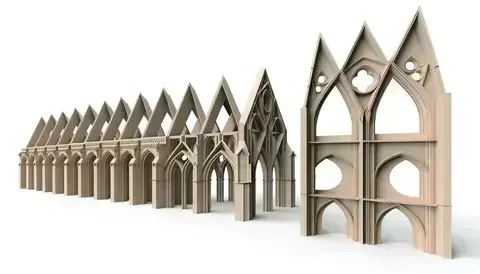 Gothic architectural elements with flying buttresses and pointed arches.