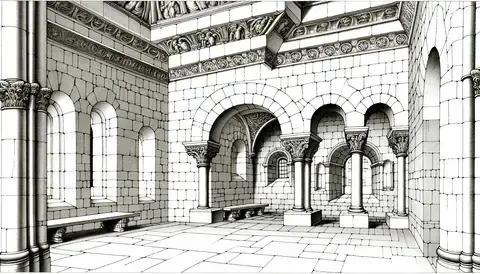 Illustration of the interior of a government building in Germany with Romanesque architecture.