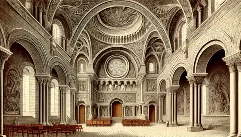 Illustration of a grand public hall in France with Romanesque architecture.