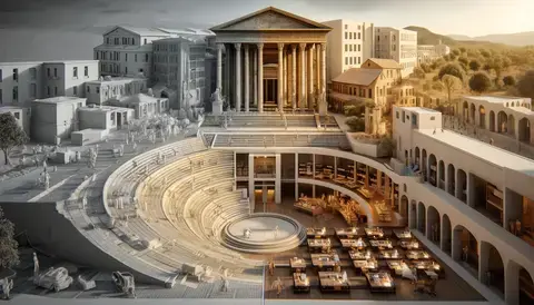 Evolution of architecture education from ancient Greco-Roman amphitheater to a modern digital design studio.