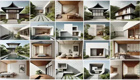 Collage of minimalist designs from Japanese Zen gardens to modernist and contemporary homes.