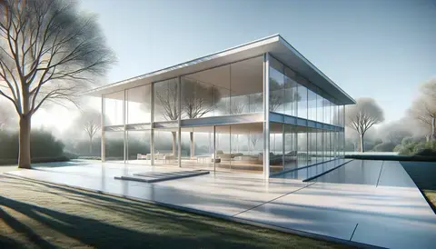 Iconic minimalist building with clean lines, glass walls, and open floor plan set in a natural landscape.