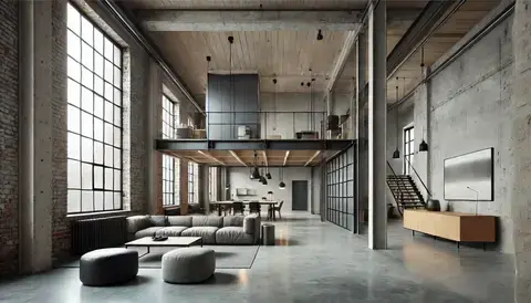 Industrial minimalist house with exposed brick walls, concrete floors, and metal fixtures.