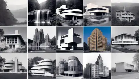 Collage of Fallingwater, Villa Savoye, Seagram Building, and Bauhaus School.