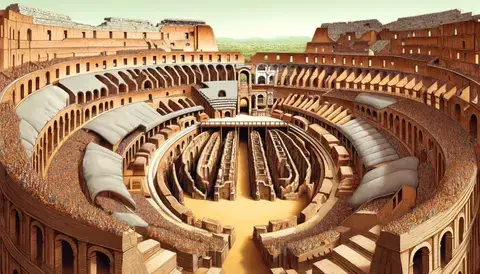 Interior of the Colosseum in Rome, featuring stone arches, tiered seating, and the hypogeum.