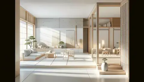 Japanese minimalist house with natural materials, low furniture, and large windows.