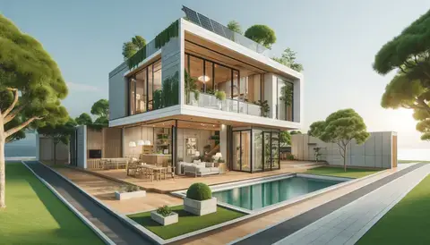 Modern minimalist home featuring eco-friendly materials, smart technologies, and biophilic design.
