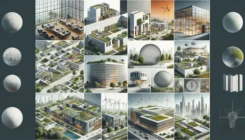 Collage of functional design, minimalist aesthetics, sustainable practices, and technological integration in modern architecture.