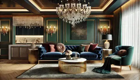 Luxurious living room with navy velvet sofa, marble coffee table, crystal chandelier, and gold accents.