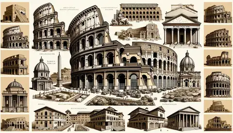Illustration of major architectural works from Ancient Rome, including the Colosseum, Pantheon, Roman Forum, Baths of Caracalla, and a Roman villa.